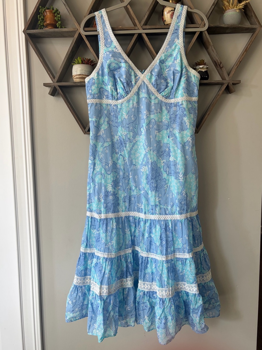 Lilly Pulitzer blue midi dress with lace details. Size 12.